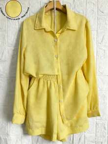 SV Upgrade. Women's Linen Set With Basic Blouse And Casual Shorts - Summer. - New Yellow - View 2