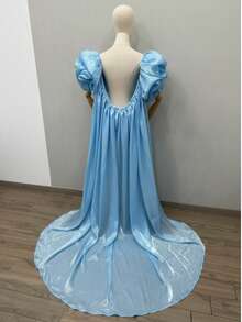 1pc Burgundy Satin Bridal Cape, Luxury Cloak With Puff Sleeves & Long Train, 170cm - Multicolor - View 9