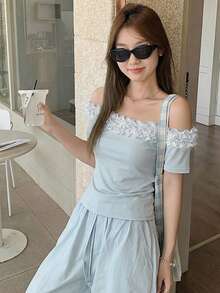 独特设计的层叠荷叶边不对称肩部T恤，女士款，防皱，收腰，修身剪裁，夏季款 - 藍色 - 查看 2