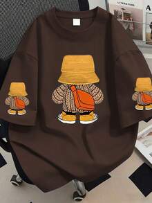 Plus Size Women's Casual Loose Cartoon Print Short Sleeve T-Shirt. Suitable For Summer Vacation, Beach, Holiday, Spring, Valentine's Day, Carnival, Mother's Day Gift; Graduation Tee; Back To School; Graduation Ceremony; Women Teachers' Outfit; Summer Family And Friends Outfit. Suitable For Daily Wear, Outings, Picnics, Festivals, Beach, Parties, Birthdays, Beach, Gatherings, School, Music Festivals, Vacations, Commuting, Fitness, Weddings, New Year, Spring Tops, Women's Summer Outfits, Women's Holiday Clothing - Coffee Brown - View 1