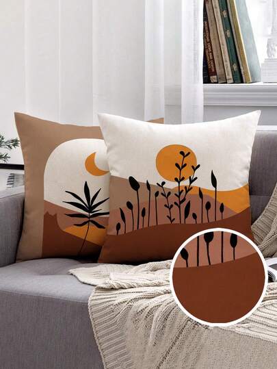 2pcs Bohemian Style Landscape Sketch Print Cartoon Scenery Bohemian Pillow Cover, Geometric Print Vintage Linen Feel Cushion Case, Hidden Zipper, Machine Washable, Decorative Throw Pillow Covers For Sofa, Living Room, Bedroom, No Pillow Insert