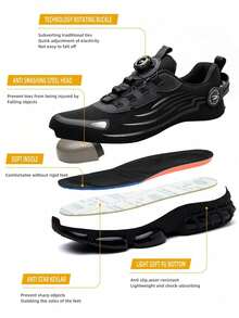 Wide Fit Men's Safety Shoes, Steel Toe Shoes, Work Shoes With Rotary Button, Black Cushioned Anti-Crush Sports Shoes, Hiking Shoes, Anti-Puncture Industrial Construction Protective Labor Protection Shoes, Comfortable Breathable Security Work Boots, - 黑色 - 查看 7