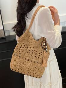 Women's Simple And Versatile, High-Quality, Large-Capacity Woven Tote Bag With Charm Embellishment, Perfect For Everyday Use And Vacations. - Khaki - View 5