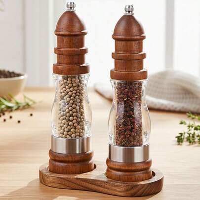 2pcs Set Wooden Pepper Grinder With Storage Base, Adjustable Ceramic Grinding Core, 8-Inch Manual Salt And Pepper Shakers, Suitable For Kitchen, Home, Gifts