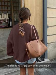 Suéter holgado de punto suelto PARA LA BELLEZA, adecuado para mujeres y niñas, nueva colección de primavera/verano de moda, elegante y suave jersey, versátil para uso diario, cómodo y casual, suéter oversize suave y acogedor, diseño de manga acampanada de unicolor minimalista, blusa delicada - Café con té oscuro - Ver 7