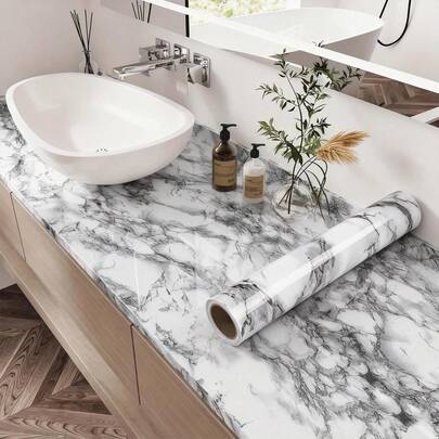 1 Roll Self-Adhesive White Marble Vinyl Contact Paper, Waterproof Wallpaper For Kitchen Cabinets, Tabletops, Furniture, Room Decor, Stone & Wood Style, Easy Apply & Remove, Shapes & Stripes Pattern, Random Match