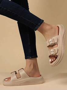 Women's Double Buckle Champagne EVA Sole Flip Flops, Fashionable, Soft, Non-Slip, Suitable For Beach Wear, Spring/Summer - Champagne - View 1