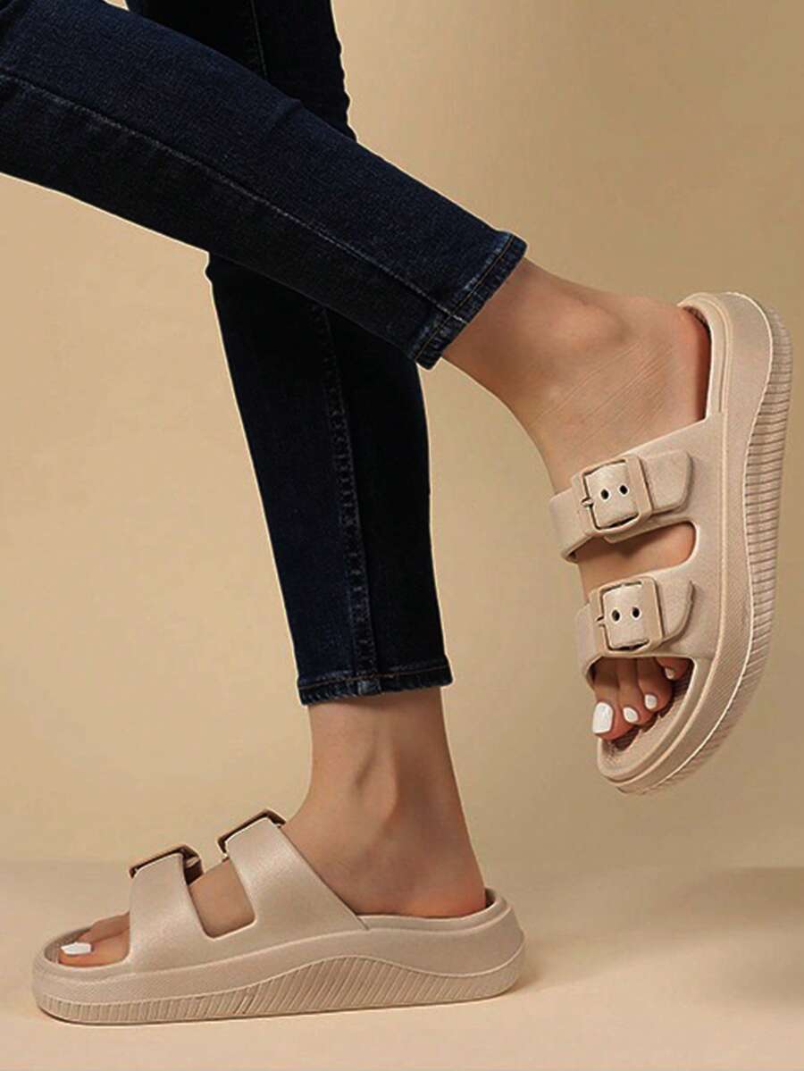 Women's Double Buckle Champagne EVA Sole Flip Flops, Fashionable, Soft, Non-Slip, Suitable For Beach Wear, Spring/Summer - Champagne - View 1