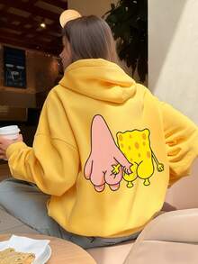 SpongeBob SquarePants 女士秋冬纯棉趣味卡通动物印花落肩卫衣，百搭，氛围/复古/街头/英伦/学院风，情侣款连帽衫，情人节、男女皆宜，约会、浪漫出游皆可穿着。 - 鮮黃色 - 查看 6