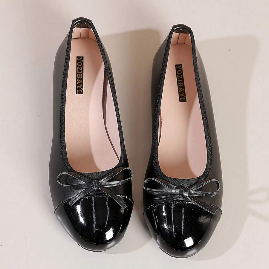 2026 春季新款女士蝴蝶结平底法式芭蕾舞鞋，妈妈鞋 - 黑色 - 查看 1