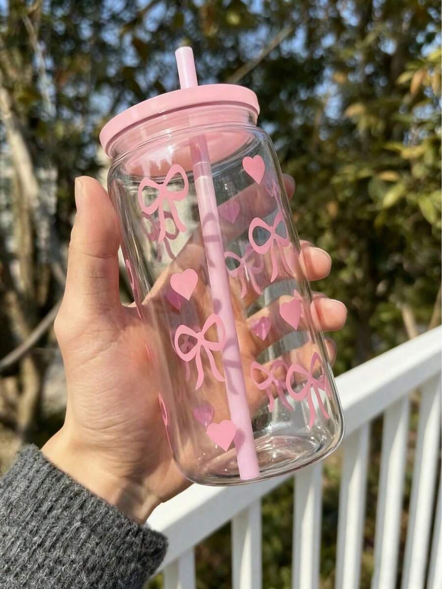 Reusable Bow Print Glass Cup With Lid & Straw - Leak-Proof Transparent Beverage Cup Suitable For Iced Coffee, Bubble Tea - Multicolor - View 1