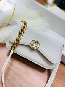 Medium-Sized Plastic Flower-Shaped Bag With Hardware. - Beige - View 1
