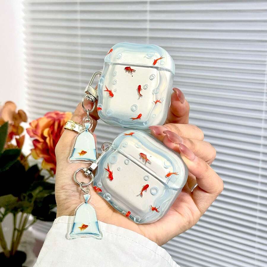 Lucky Koi Fish Earphone Case, With Pendant, Compatible With Apple 1/2/3/4/Pro/Pro2/Pro3 Protective Case, Slim-Fit Earphone Cover, Anti-Drop Earphone Protective Case - Clear - View 1