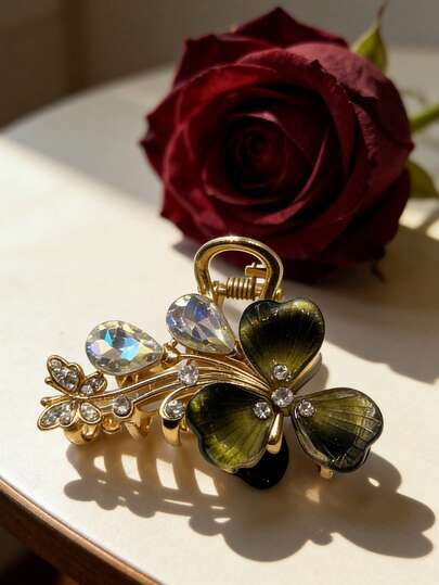 Valentine's Day Gift Y2K Sweet Girl Style Iridescent Clover Teardrop Rhinestone Hair Claw Iridescent Petal + Teardrop Rhinestone Exquisite Hair Clip Multi-Color Options Suitable For Valentine's Date/Daily Commute/Girls' Gathering Exquisite Aesthetic Hair Accessory