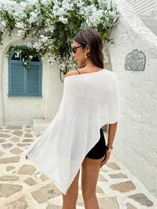 新款春夏女士白色轻薄不对称肩针织罩衫，针织面料，质感面料，度假风，宽松垂坠，显瘦，适合度假穿着，波西米亚风，性感，女士夏季 - 白色 - 查看 8