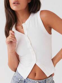 Women Y2k Button Down Tank Tops Casual Summer Ribbed Sleeveless Tees Shirts Basic Slim Fit Vest Shirts Aesthetic Crop Tops Streetwear - 白色 - 查看 3