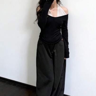 Off-Shoulder Contrast Color Halter Splicing 2 In 1 Long Sleeve T-Shirt, Fashionable Minimalist Casual Elegant Women's Top, Black