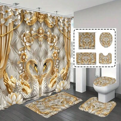 1pc/4pcs Bathroom Curtains Shower Set, Shower Curtain Set, Bathroom Decor, Bathroom Rug, Home Decor, Bath Mat, Swan, Pearl & Floral Pattern, Gift, Minimalist Luxury Theme, Bathroom Set, Comes With 12 Hooks