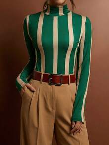女士秋冬高领条纹T恤衫，休闲日常穿着（JH25167） - 綠色 - 查看 5