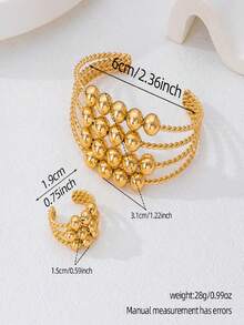 Women's Simple Smooth Ball Open Bangle & Ring Set, Casual Daily Accessories - Yellow Gold - View 4