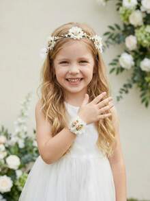 2件套米色网纱玫瑰花冠+花朵手链套装，适合女孩和女士，可用于婚礼、新娘、派对、拍照道具、周年纪念、情人节礼物、亲子装。 - 米色 - 查看 3