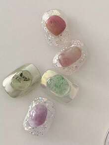 1 caja de piedras de cristal rosa natural para decoración de uñas, piedras pequeñas completamente redondeadas y pulidas, diseño minimalista 3D, materiales únicos para decoración de uñas, suministros de arte de uñas, Y2K, adecuado para uso en el hogar y salón - Multicolor - Ver 5