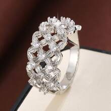1pc Fashion Grid Flower Design Cubic Zirconia Inlaid Women's Casual Gift Ring - Multicolor - View 12