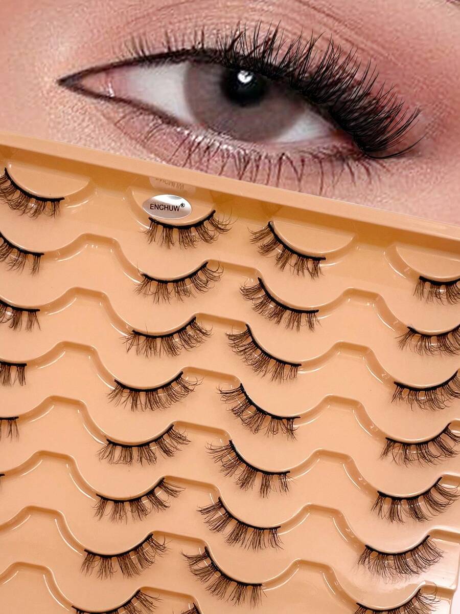 ENCHUW 16 Pairs Half Lashes Natural Look Cat Eye Lashes Wispy Curling False Eyelashes Faux Mink Lashes Fake Eyelashes For Daily Wear - Black - View 1