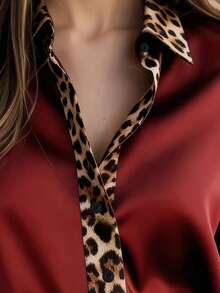 Women's Leopard Print Patchwork Zipper Button Casual Shirt - Red - View 5