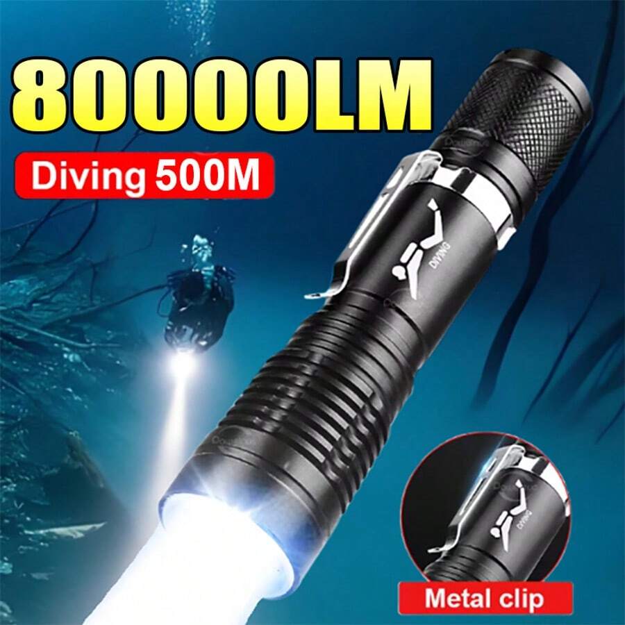 80000流明潜水LED手电筒 - IPX8防水 - 可充电防水便携式战术手电筒 - 适用于户外露营、游泳、旅行、钓鱼、狩猎、骑行