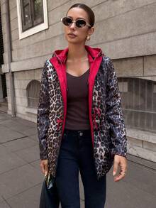 Giolshon Women Reversible Hooded Jacket With Double-Sided Butter Yellow Printed Design, Casual Fashion Layering For Everyday Wear, Autumn/Winter Spring - Red Leopard Print - View 7