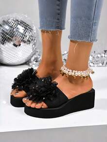 1双ins风厚底套脚女式凉鞋 - 时尚花朵蝴蝶结坡跟凉鞋 - 百搭夏季外穿凉鞋 - 多色 - 查看 2