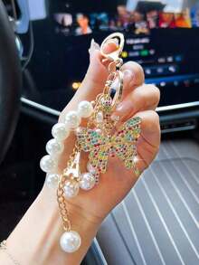 1pc Fashionable Luxurious Exaggerated Faux Pearl & Rhinestone Butterfly Keychain Car Accessories Bag Charm Backpack For School Pearl Cute Goth Y2k Christmas Gift Ideas Bag Accessories Lanyards With Id Holder Car Accessories Bag Charms PZON - 銀色 - 查看 4