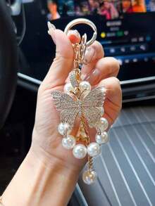 1pc Fashionable Luxurious Exaggerated Faux Pearl & Rhinestone Butterfly Keychain Car Accessories Bag Charm Backpack For School Pearl Cute Goth Y2k Christmas Gift Ideas Bag Accessories Lanyards With Id Holder Car Accessories Bag Charms PZON - 銀色 - 查看 6
