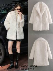 Women's Vintage Solid Color Faux Fur Oversize Coat, Loose Casual Long Sleeve Lapel Jacket, Thick Warm Winter Outerwear - White - View 12