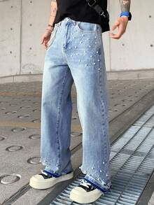 Men's Loose Fit Washed Faded Denim Jeans, Wide Leg Relaxed Gothic Rock Street Fashion Design, Suitable For All Seasons - Blue - View 2