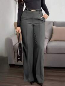 （不含腰带）女士纯色直筒裤，前部褶裥设计，纽扣和拉链闭合，搭配系腰带衬衫和高跟鞋，打造干练的职场造型；搭配白色T恤和运动鞋，营造休闲现代的春季氛围。 - 深灰色 - 查看 2