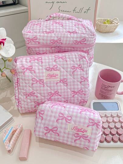 1 PC Valentine's Day Pink Plaid Bowknot Cute Girl Quilted Makeup Pouch Make Up Bag Portable Large Capacity Cosmetic Bag With Zipper,For Travel And Vacation Essentials,For Sanitary Napkins,Keys,Lipsticks,Cosmetics,Perfume,Makeup Brush Holder Organizer Storage,Jewelry Accessories Bag,For Skin Care And Beauty Products,For Women,Students,School Girls,For Friends Gift,Holiday Gifts