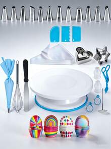 72件套蓝色蛋糕转盘套装，蛋糕装饰用品，烘焙配件 - 彩色 - 查看 1