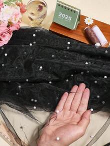 1Pc White Pearl Tulle Decorative Tablecloth,Boho Rustic Cheese Cloth Table Runner For Baby Shower Decoration Wedding Easter Summer Table Runner Baby Shower Family Decorations Gifts - Đen với ngọc trai - Xem 4