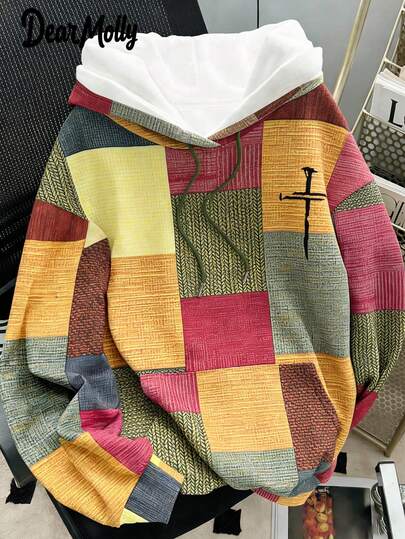 DEAR MOLLY Women's Everyday Faith Patchwork Geometric Print Hoodie, Kangaroo Pocket Pullover Sweatshirt For Casual Outings, Suitable For Spring And Autumn, A Gift For Her On Valentine's Day