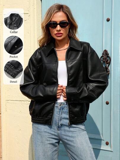 Women's Faux Leather Jacket, Loose Fit Motorcycle Bomber Jacket, Y2K Style