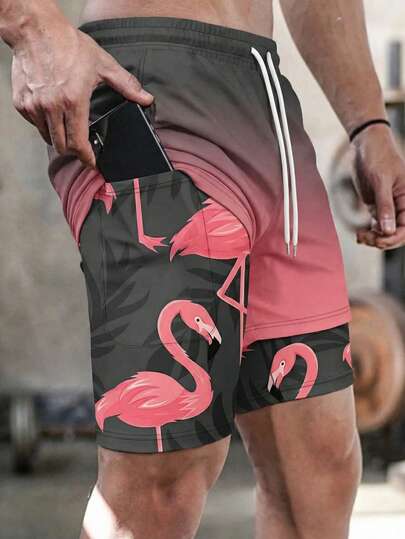 男士火烈鸟印花带衬里口袋短裤
