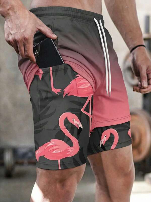 男士火烈鸟印花带衬里口袋短裤