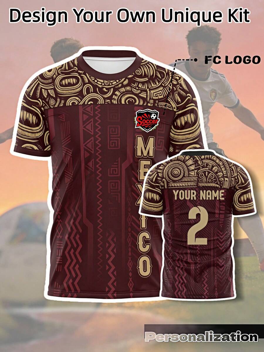 1pc Customized Mexican Style Sweatshirt - Bold Eagle & Traditional Pattern, Lightweight Sports Sweatshirt, Can Add Name/Number Personalized, 2026 Football Project, Training Customized Men's Sweatshirt, Valentine's Day Gift - Red - View 1
