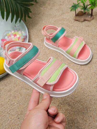 儿童透气网面运动凉鞋 - 双可调节魔术贴绑带，轻便厚底，撞色设计，休闲夏季幼儿鞋