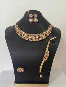 4pcs Luxury Blue Zirconia Jewelry Set, Necklace, Earrings, Ring, Bracelet, Bridal Dress, Wedding, Dubai, Middle Eastern Arabian Evening Gown - Silver - View 10