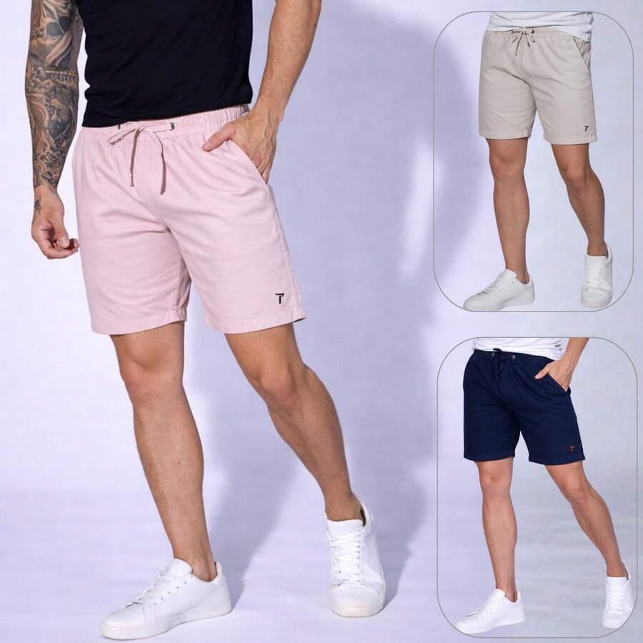 Kit Of 3 Men's Denim Twill Shorts, Premium Men's Bermuda Shorts - 米色/藏青色/粉紅色 - 查看 1