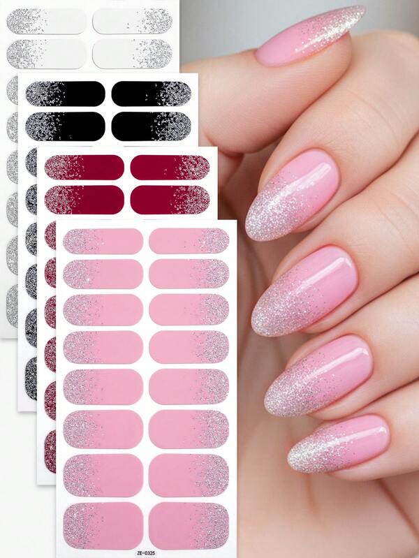 64pcs Glitter Nail Stickers, Minimalist Solid Color Full Coverage Glitter Nail Stickers, Suitable For Women's Party DIY Nail Art Supplies