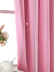 1pc Hollow Star Sheer Curtain, Polyester Lace Double Layer Curtain, Darkening Curtain For Living Room Bedroom, Cute Style - Coral Pink - View 9